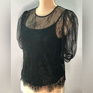 Women’s Black Lace Puff Sleeve Blouse, Size XS